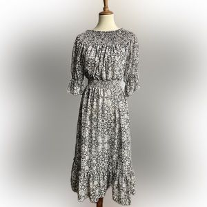 MISA LOS ANGELES On/Off Shoulder Black& Beige Floral Print Midi Length Dress MED